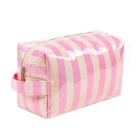 Bolsa de maquillaje de PVC a rayas, fácil de limpiar, impermeable con revestimiento transparente, bonita bolsa organizadora de viaje con cierre para d