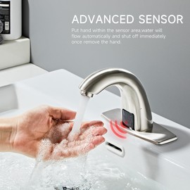 Touchless Bathroom Sink Faucet Automatic Motion Sensor Hands Free Faucet with Hole Cover Plate Water Valve,Commercial Solid Brass Faucet,1 Hole or 3 Hole,Brushed Nickel