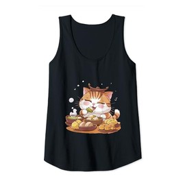 Womens Kawaii Anime Cat Dim Sum Bowl Cute Feline Eats Chinese Food Tank Top
