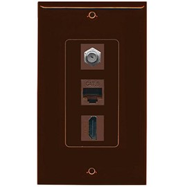 RiteAV Decorative 1 Gang Wall Plate (Brown/Brown) 3 Port - Coax (Brown) Cat6 (Brown) HDMI (Brown) - Brown/Brown