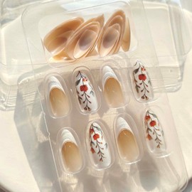 Almond Press on Nails 24pcs Flower Fake Nails Gold Line French Tip False Nails Spring Tulip Floral Glue on Nails Medium Length Artificial Acrylic Nails Glossy Pink Stick on Nails for Women