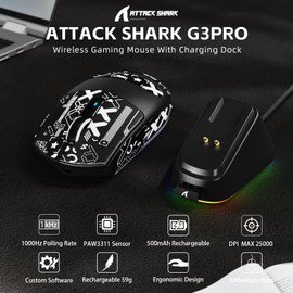 ATTACK SHARK G3PRO Wireless Gaming Mouse with RGB Charging Dock,2.4G/USB-C Wired/BT PAW3311 Optical Sensor 1K Polling Rate Adjustable 25K DPI,500mAh Battery Ultra Lightweight 59g Mice(Black&Griptape)