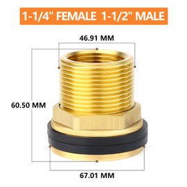 GASHER 1 x Brass 1-1/4 Inch Female 1-1/2 Inch Male BSP Bulkhead Tank Connector Adapter Fitting with Rubber Ring