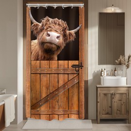Riyidecor Stall Funny Highland Cow Shower Curtain 36Wx72H Inch Small Rv Half Rustic Bull Door Curtains Wooden Plank Barnwood Western Bull Cattle Bathroom Decor Fabric Polyester Waterproof 7 Pack Hooks