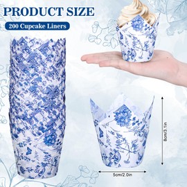 Whaline 200Pcs Blue Floral Cupcake Liners Chinoiserie Muffin Baking Liners Tulip Cupcake Wrappers Baking Cup for Bridal Baby Shower Wedding Birthday Tea Party Decor