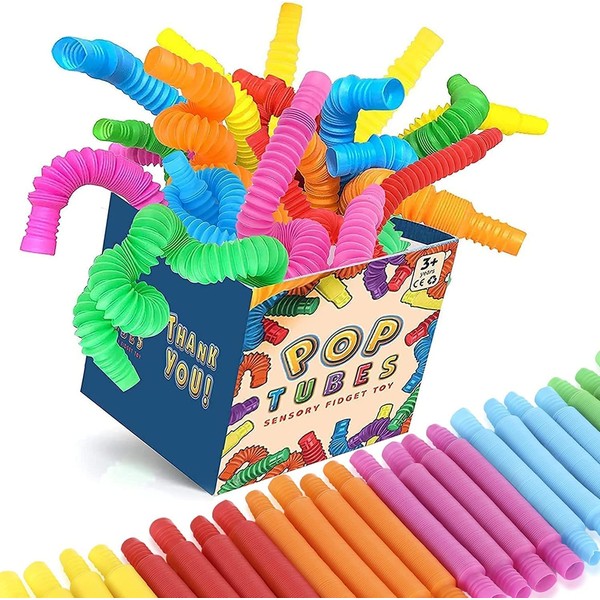 Pop Tubes Mini 24 Packs, Sensory Fidget Party Favors Bulk Toys for Kids, Stress Relief for ADHD, ADD Toddlers, DIY Learning for Preschool, Valentines Day Gifts for Kids Party Favors Classroom Prize