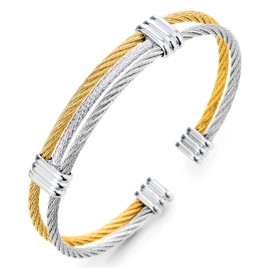 COOLSTEELANDBEYOND Men Women Stainless Steel Twisted Cable Adjustable Cuff Bangle Bracelet Gold Silver Two-tone