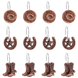 Framendino, 12 Pack Western Cowboy Pendant Shower Curtain Hooks Stainless Steel Rings Decorative for Bathroom Brown