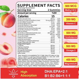 BSSTABBON Organic Methylated Vitamin B Gummies: Natural Complex Supplement with B1 B2 B3 B5 B6 B7 B9 B12 Plus D3 Zinc Magnesium Ashwagandha Omega3 - Energy Support for Work Adults Women Men(120Count)