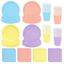 FULJOOY 256 Pcs Pastel Party Supplies Paper Plates Cups Napkins Macaron Color Pink Cutlery Include Paper Plates Cups Napkins Pastel Mix Color Disposable Dinnerware Party Decorations for Baby Shower