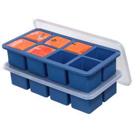 KOLUTI Nonstick Silicone Freezer Molds with Plastic Lid 2 Pack, 8 Soup Cubes Tray Sauce Ice Cube Mold Maker, Stackable Food Meal Prep Storage Container for Freezing, Dishwasher Safe & BPA Free