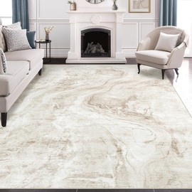 5x7 Area Rugs Living Room: Washable Neutral Abstract Rug Large Modern Marble Indoor Soft Non-Slip Carpets for Bedroom Nursery Office Dining Room (Beige,5'x7')