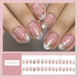 French Tip Press on Nails Short Almond Glitter Fake Nails with Designs Cat Eyes Gold Line False Nails Short Nail Tips Artificial Acrylic Nails Glossy Full Cover Summer Stick on Nails for Women Girls
