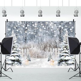10x8ft XMJJKUF Vinyl Christmas Backdrop Glitter White Snow Xmas Tree Forest Watercolor Background Xmas Party Banner Kids Adults Portrait Photo Shoot Props