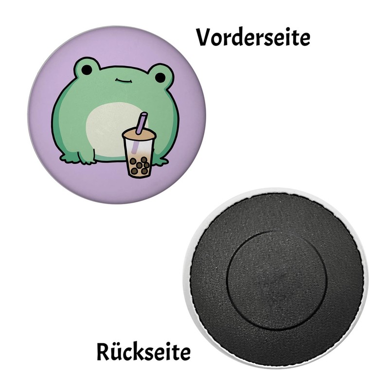 Frog with Bubble Tea Magnet Round Kawaii Chibi Frog with