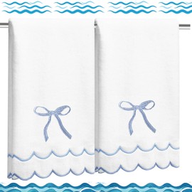 Xkdamai 2 Pcs Scalloped Hand Towels for Bathroom 100% Cotton 16x28 Inch Scallop Bathroom Towels Embroidered Dish Towel Decorative Soft Bath Towel for Kitchen (Bow Blue, 2*Hand Towel)