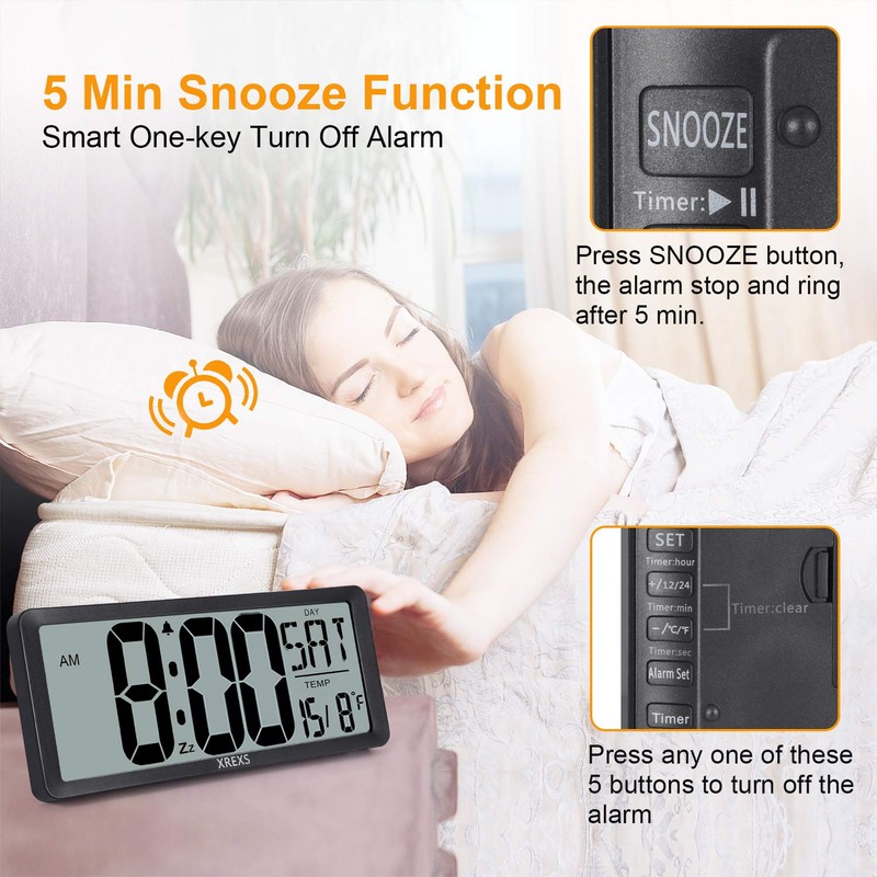 XREXS Large Digital Wall Clock, Battery Operated Alarm Clocks for