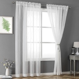 VISIONTEX Moroccan White Voile Sheer Window Curtains Panels, White Dots Patterned Semi Embroidery Faux Linen Rod Pocket Window Treatment Drapes for Living Room 54 x 95 Inch, Set of 2