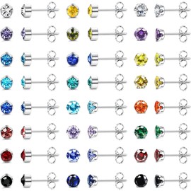 Jstyle 24 Pair Set of Earrings, Popular, One Piece, Silver, Hypoallergenic, Stainless Steel Stud Earrings, Small, Birthstone Zirconia, Stud Earrings, Stainless Steel, No Gemstone