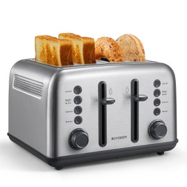 BUYDEEM DT640 Retro 4 Slice Toaster, 7 Shade Settings, Extra Wide 1.5'' Slots, Stainless Steel Toaster with Bagel Muffin Defrost Reheat Function, Retro Silver