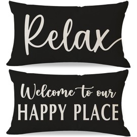HERHOME Welcome to Our Happy Place Relax Decorative Throw Pillow Covers 12x20 Inch Set of 2 Black White Outdoor Farmhouse Porch Decor Lumbar Cushion Case Decoration for Home Sofa Couch Living Room