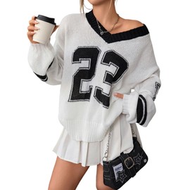 SOLY HUX Women's Y2k Oversized Sweater Number Graphic V Neck Drop Shoulder Long Sleeve Pullover Tops Black and White Letter Small