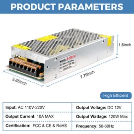 HPMN 12V 10A Power Supply 120W AC/DC Adapter Switching Power Transformer AC 110V-220V to DC 12 Volt 10 Amp Converter Low Voltage Output for LED Strip Light Security System CCTV Camera