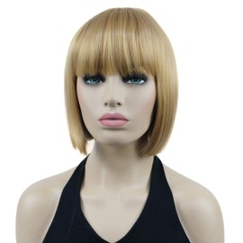 Lydell 8" Short Bob Hair Flat Bangs Cute Central Dot Skin Top Heat Resistant Synthetic Wigs (24B Light Butterscotch)
