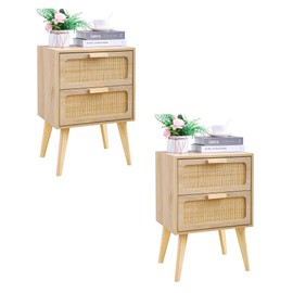 YAUKOMEL Rattan Nightstand Set of 2,Side Table with Hand Made Rattan Decorated Drawers,Boho Bedside Table,Wood Accent Table with Storage for Small Space,Livingroom, Bedroom, Natural CTG59Y-2