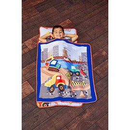 EVERYDAY KIDS Toddler Nap Mat with Removable Pillow -Under Construction- Carry Handle with Fastening Straps Closure, Rollup Design, Soft Microfiber for Preschool, Daycare, Sleeping Bag -Ages 2-6 years