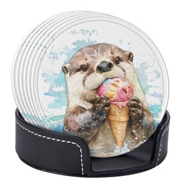 6 Pcs Otter Ice Cream Cartoon Drink Coasters with Holder Leather Desk Coaster Round Ceramic Table Coasters Set Cup Mat for Home Decor Tabletop Protection Suitable for Kinds of Cups