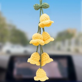 MEAJOO Car Mirror Hanging Accessories, Rear View Mirror Accessories Hanging Decor, Cute Bellflower Hand Knitted Car Pendant Suitable for Key Chains, as Gifts for Women(1PCS/6 Flowers, Yellow)