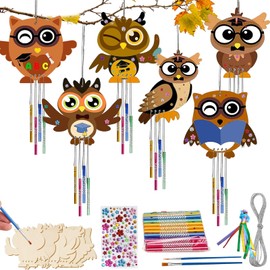 6-Piece Wind Chime Craft Set Children, Owls Wind Chimes, Autumn Crafts Wooden Pendants, Children's Owls Crafts, Craft Creative Set, Wooden Discs for Painting, Unfinished Wood Craft Set, Owl Decoration