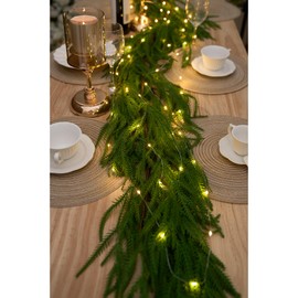 9FT Artificial Norfolk Pine Garlands, Real Touch Winter Christmas Pine Tree Wreath with 9.8FT LED String Lights, Green Artificial Greenery Garland for Christmas Holiday Home Decor Mantle