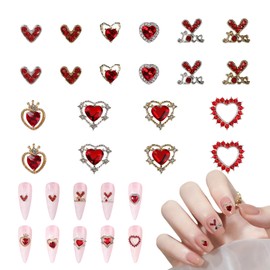 Nail Parts, Heart, Set of 20, 3D Dimensional, Large Heart, Nail Parts, Stone, Red, Glitter, Nail Art, Jewelry Parts, Metal Parts, DIY, Crafts, Decorations, Valentine's Day, Wedding, Christmas (Red)