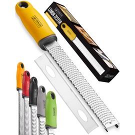 Orblue Lemon Zester & Cheese Grater - Premium Citrus Zester, Kitchen Grater for Parmesan, Chocolate, Fruits, Vegetables, Ginger, Garlic, Nutmeg - Stainless Steel Blades with Protective Cover, Yellow