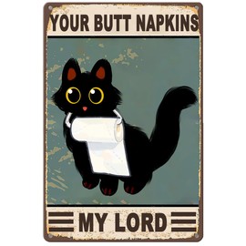 Preziouz Funny Black Cat Metal Sign - "Your Butt Napkins My Lord" - Vintage Aluminum Sign for Cat Lovers,Cute Cat Metal Wall Art Decor Sign for Bathroom Toilet Decorations 8 x 12 Inch