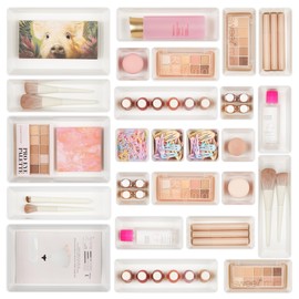 Vtopmart 25 PCS Plastic Drawer Organizers Set, 4-Size Versatile Bathroom and Vanity Drawer Organizer Trays, Storage Bins for Makeup, Bedroom, Kitchen Gadgets Utensils and Office