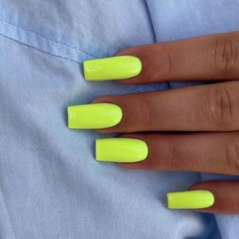Kqueenest Uñas Postizas Acrílicas De Color Verde Neón, Uñas Postizas Cuadradas De Longitud Media Y Larga, Uñas Postizas De Ataúd De Colores Vibrantes, Uñas Postizas Natur Verde Neón Brillante 0,04 On