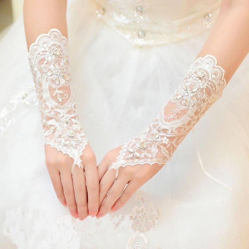 Cubahop Wedding Lace Crystal Gloves White Long Fingerless Gloves Handmade