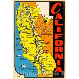 Historic Pictoric Map : California : Land of Perpetual Sunshine Vintage Postcard, 1950, Vintage Wall Decor : 24in x 36in