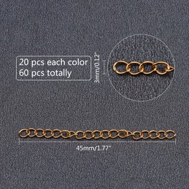 UNICRAFTALE Approx. 60 Strands 3 Colours 45 mm Stainless Steel Chain Extender Hypoallergenic Link Chain Necklace Extender Bracelet Extender for Jewellery Chain Making