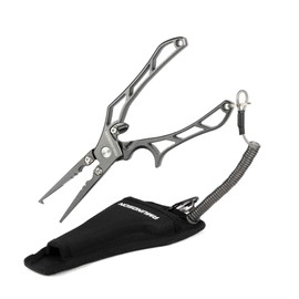 Amundson 7-Inch Stainless Steel Fishing Pliers – Saltwater Resistant with Titanium Plating, Line Cutter, Hook Remover, Split Ring Tool – Includes Coiled Lanyard & Sheath – Black