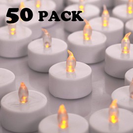 YIWER Tea Lights LED Tea Light Candles 150 Hours Pack of 50 Realistic Flickering Bulb Battery Operated Tea Light for Seasonal Festival Celebration Electric Candle in Warm Yellow