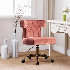Recaceik Velvet Home Office Chair, Modern Adjustable Swivel Desk Chairs with High Back 360 Degree Castor Gold Wheels for Living Room/Bedroom/Office (Pink)