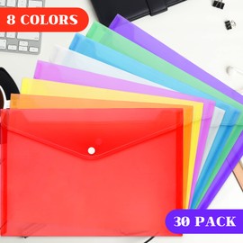 30pcs Plastic Envelopes,Poly Envelopes with Snap Button Closure,Clear Document Folders Letter A4 Size File Envelopes,Plastic File Folders for School Home Work Office Organization,8 Assorted Color (30)
