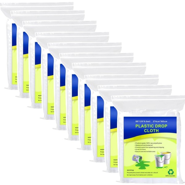Unbranded Tear-Proof Clear Plastic Drop Sheets (10-Pieces) 9x12 Ft for
