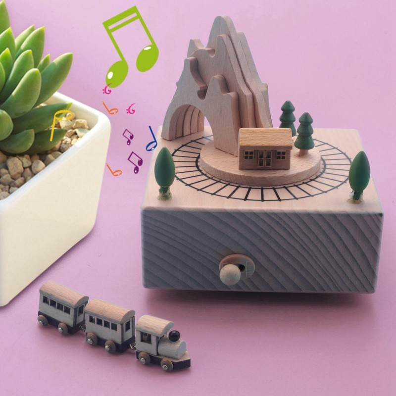 Giilayky Wooden Musical Box Featuring Mountain Tunnel With Small Moving