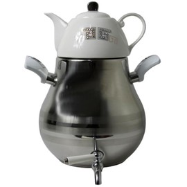 Modern Large Classic Iranian Samovar Russian Persian Turkish Tea Maker Water Kettle Heavy Thick Stainless Steel Ceramic Porcelain Teapot 5.5+1=6.5 Liter Faucet W/Handle