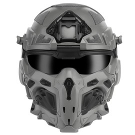Tactical Full Face Head Helmet with Build in-Headset & Anti-Fog Fan Airsoft Military Fast Helmet Googgle Mask Set Paintall Cosplay (Gray)